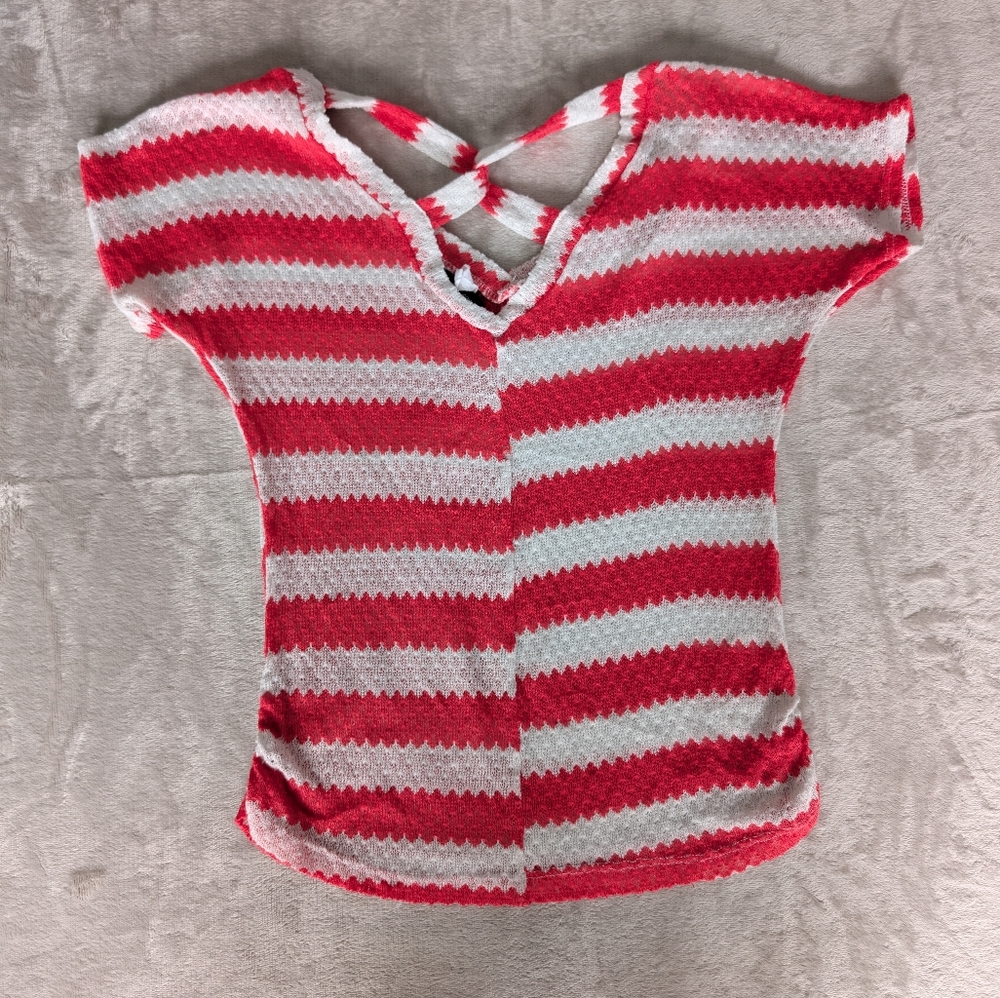 Tres Bien USA Vintage Striped Short Sleeve V-Neck Open Knit Sweater Top image 3